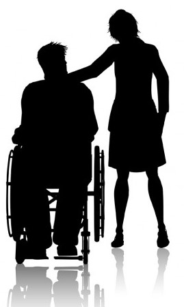 Silhouette illustration of a man in wheelchair and a woman standing proving support